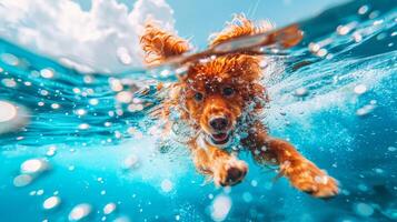 Amusing underwater snapshot dog diving deep on summer vacation with close up shot photo