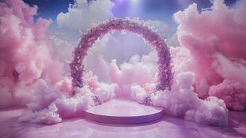 Lavender arch on matte product podium in a whimsical twilight setting, elegant and captivating photo
