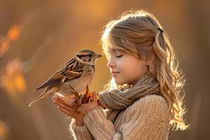 joven niña suavemente participación pequeño pájaro, simbolizando animal bienestar y proteccion concepto foto