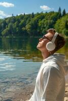 Active young athlete listening to music with headphones in outdoor sports environment photo