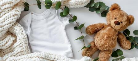 Baby bodysuit mockup with teddy bear and eucalyptus on blanket for infant onesie template photo