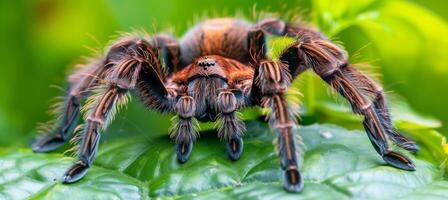 Detailed macro close up of a hairy tarantula in its natural habitat, showcasing intricate details photo