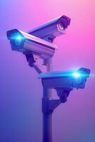 White security cameras with holographic details on pastel background for professional setting photo