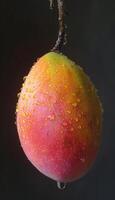 Fresco mango Fruta con agua gotas en árbol, adecuado para amplio bandera con texto espacio foto
