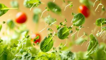 Vibrant salad ingredients lettuce, tomato, spinach, cucumber, green sprouts on yellow background photo