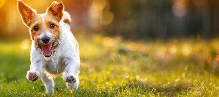 alegre joven perrito perro felizmente jugando y corriendo en vibrante verde césped campo foto