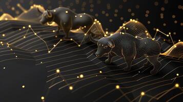 Gold black bull vs bear stock market chart infographic with ample space for text placement photo