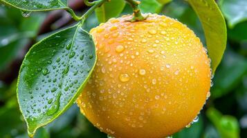 Ripe pomelo fruit with dew drops on tree, ideal as wide banner with ample space for text placement photo