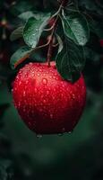 Macro image of fresh apple with dew drops hanging on tree branch, wide banner with space for text photo