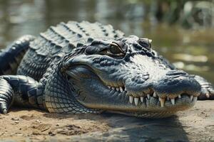 detallado cerca arriba de un feroz de cocodrilo en sus natural habitat para óptimo buscar Relevancia foto