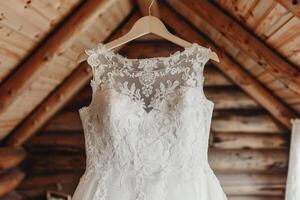 Luxurious white bridal dresses on hangers in an elegant boutique with a close up display photo