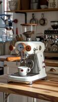 Coffee brewing process portafilter pouring espresso into cup in bright white setting photo