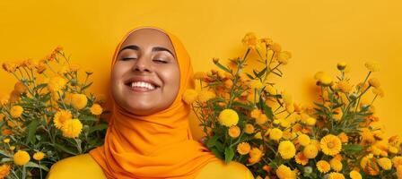 elegante hijab mujer en vibrante modesto Moda Sesión de fotos para de moda árabe mujer, dinámica amplio bandera