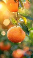 Macro close up of fresh orange with water droplets on tree, wide banner with space for text photo