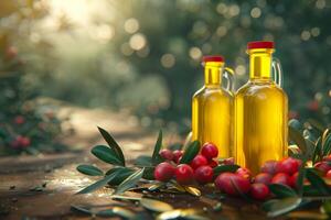 Golden olive oil bottles in rural field under morning sun, wide banner with copy space photo