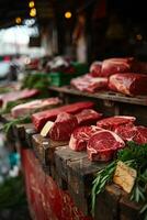 Assorted meat cuts on wooden tray in butcher shop or supermarket with blank price tags, wide banner photo