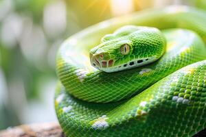 Vibrant green serpent in the lush tropical jungle habitat, close up wildlife photography photo