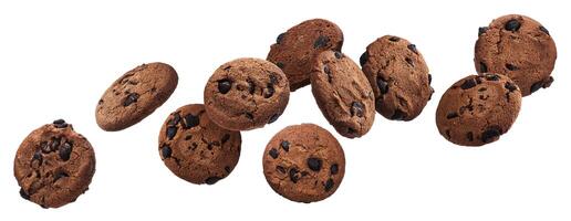 que cae chocolate chip galletas aislado en blanco antecedentes foto