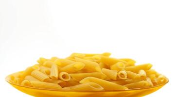 Raw italian penne rigate pasta on white background photo