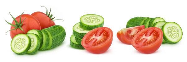 Fresh tomato and sliced cucumber isolated on white background photo