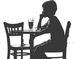 Silhouette little boy sitting at a table in the cafe black color only vector