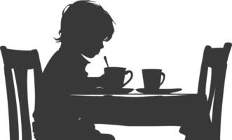 Silhouette little boy sitting at a table in the cafe black color only vector