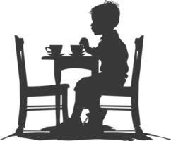 Silhouette little boy sitting at a table in the cafe black color only vector