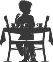 silueta pequeño chico sentado a un mesa en el café negro color solamente vector