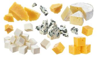 Cheddar, parmesan, emmental, blu cheese, camembert, feta isolated on white photo