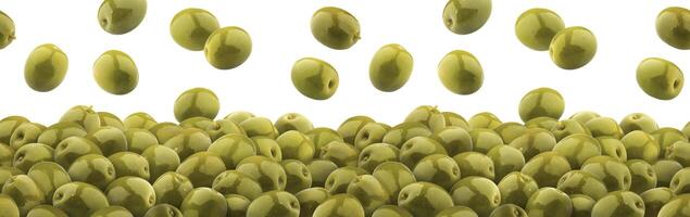 Falling green olives isolated on white background, heap of green pickled olives, seamless pattern photo