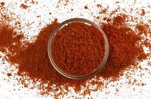 Paprika powder isolated on white background, top view photo
