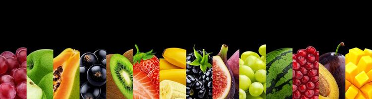 Collage of fruits isolated on black background with copy space photo