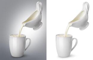 Pouring milk from creamer into ceramic cup with splash photo