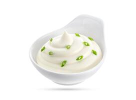 Sour cream and onion in bowl isolated on white photo