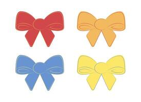 Set of multi-colored bows pencil outline. Decor for gift birthday, Christmas, holidays. Collection Knotted decoration. Femininity, cute. Color image - red, orange, yellow, blue. illustration vector