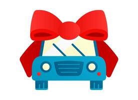Car as a gift. Tied with red bow on blue auto. Front view of personal transport on wheels. Surprise automobile. Four-wheeled Autocar. Wipers, headlights. Flat design. Isolated. illustration vector