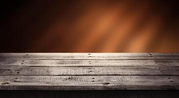 Dark wooden background, table for product, old wooden perspective interior photo