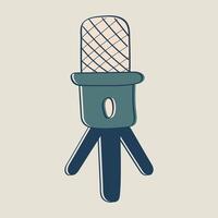 Studio Microphone Desktop for podcasts, streaming. Equipment for dubbing, voice recording. Professional Technology. Mic with three-legged stand. Doodle. Drawn color outline image. illustration vector
