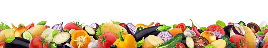 Different vegetables isolated on white background with copy space, border made of vegetables photo