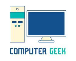 Computer and monitor. Card for the Day of geek holiday. Technique. Work in IT. Equipment with a display. Technologies. PC machine and screen. Color image with outline. illustration. vector