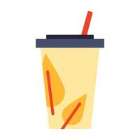 Disposable cup with autumn leaves and straw. Drink to go. Paper glass with hot coffee or tea. Flat style. Isolated object on a white background. Color image. illustration vector