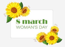 Greeting card Women Day with bouquet of sunflowers on white background. Text March 8 Womens Day in frame with yellow wildflowers. Holiday card. Flower heads, Botany. Femininity. illustration vector