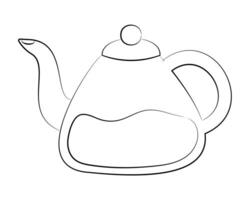 bosquejo de vaso tetera con té. pava. contorno platos con líquido. cocina utensilios con canalón, manejar. fabricación de cerveza té. sencillo lápiz dibujo. aislado objeto en un blanco antecedentes. ilustración vector