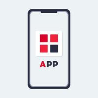 Mobile application on smartphone. The app logo on the phone is 4 squares. Isolated technique. Technology. Program development. Marketing Banner Template. Device. Flat style. Color illustration vector