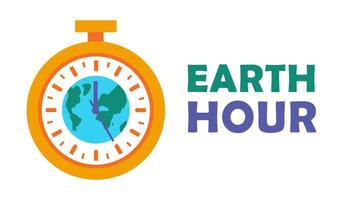 Timer with planet. Earth Hour. Postcard for holiday. Globe inside stopwatch. World Clock. Watch. Ecological event. Save Earth. Environment protection. Flat design. Colored illustration. vector