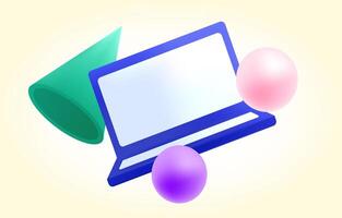 3D Laptop, geometric shapes. Abstract illustration technology. Spheres, cone. Laptop computer with space for text. Volumetric forms. Office, IT Equipment. Banner, slide technique. Color image. vector