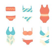 Set of women swimming trunks. One-piece, two-piece swimsuits and bikinis of various types. Element of girl wardrobe. Patterns are striped, wavy, tropical branches. Flat style. illustration vector