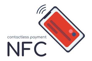 Contactless payment. Bank card on a mobile phone. NFC text. Convenient payment. Pay Non-contact. Wireless technology. Smartphone, technique. Isolated. Banner, poster. Color image. illustration vector