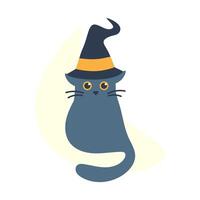 Cat is sitting in witch hat. Cute gray kitten wizard. Magical feline animal. Kawaii Character for Halloween. Magic equipment. Tail and mustache. Isolated. Flat style. Color image. illustration vector