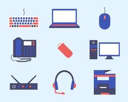 Set of colored Icons Office equipment. Technologies. Keyboard and mouse. Laptop, computer, printer. Router and headset. USB flash, phone. Headphones. Scanner. IT support. Flat. illustration vector
